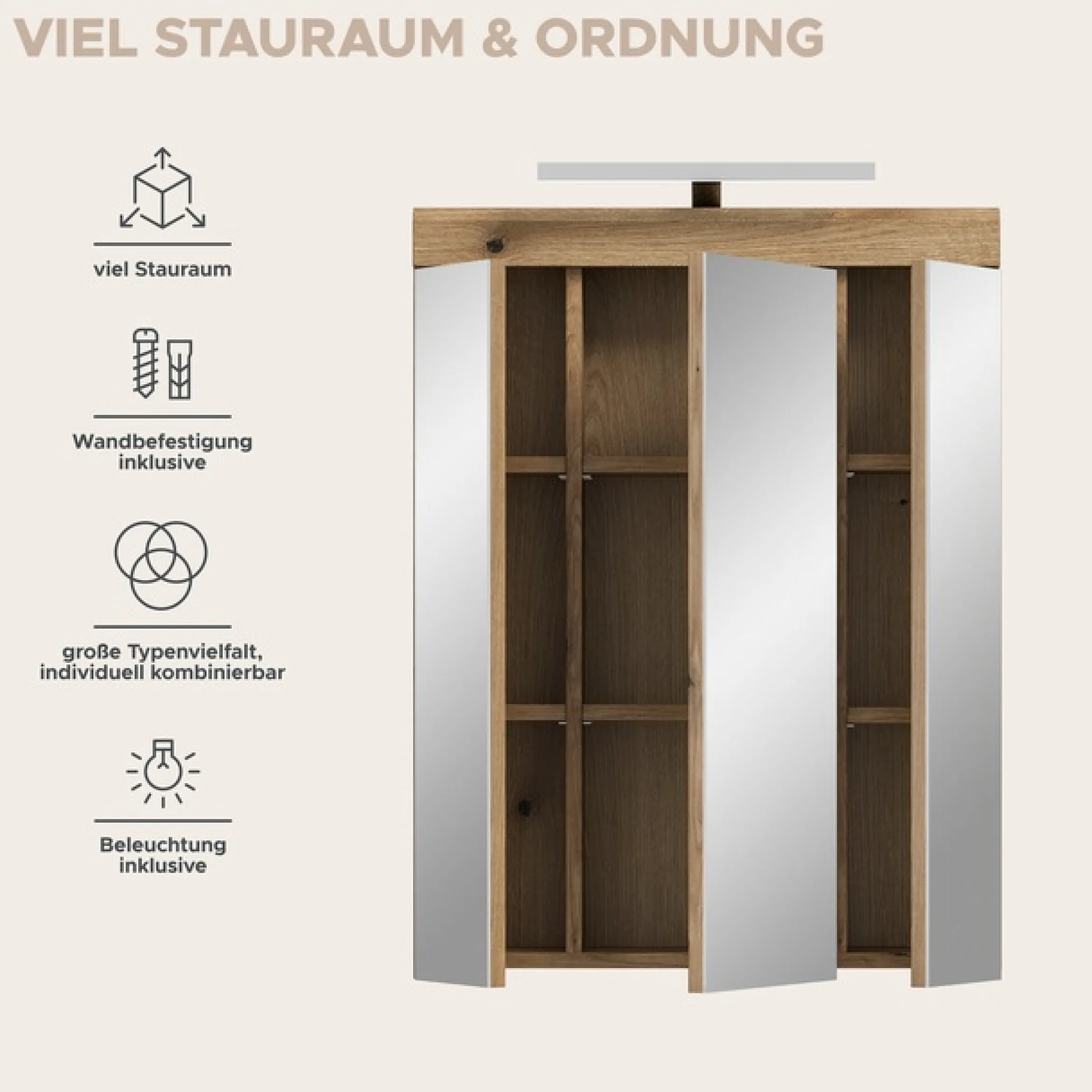 welltime Badezimmerspiegelschrank »SIENA, Breite 60cm, inkl. Beleuchtung, 3 Spiegeltüren, 9 Fächer« Set, TOPSELLER!,in verschiedenen Farben erhältlich, Badmöbel, Badschrank, Schrank, Bad