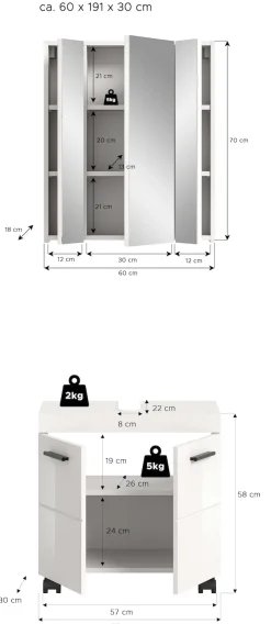 welltime Badmöbel-Set »AVON, Breite 60 cm, 2-teilige moderne Badkombination, auf Rollen« bestehend aus: Waschbeckenunterschrank & Spiegelschrank, 2 Stk. tlg.