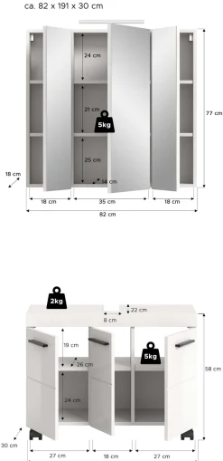 welltime Badmöbel-Set »AVON, Breite 82 cm, 2-tlg. Bad-Kombi auf Rollen, inkl. Beleuchtung« best. aus: Waschbeckenunterschrank & Spiegelschrank inkl. Beleuchtung, 2 Stk. tlg.