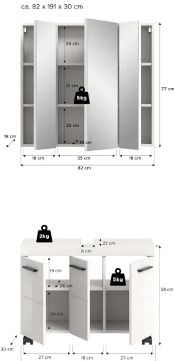 welltime Badmöbel-Set »AVON, Breite 82 cm, 2-teilige moderne Badkombination, auf Rollen« bestehend aus: Waschbeckenunterschrank & Spiegelschrank, 2 Stk. tlg.