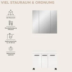 welltime Badmöbel-Set »AVON, Breite 82 cm, 2-teilige moderne Badkombination, auf Rollen« bestehend aus: Waschbeckenunterschrank & Spiegelschrank, 2 Stk. tlg.