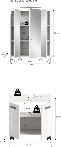welltime Badmöbel-Set »AVON, Breite 60 cm, 2-tlg. Bad-Kombi auf Rollen, inkl. Beleuchtung« best. aus: Waschbeckenunterschrank & Spiegelschrank inkl. Beleuchtung, 2 Stk. tlg.