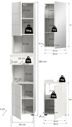 welltime Badmöbel-Set »BIEL, Höhe 190 cm, Hochschrank, Unterschrank, Spiegelschrank« 3 Stk. tlg.