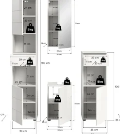 welltime Badmöbel-Set »BIEL, Höhe 190 cm,Hochschrank,WBU, Spiegelschrank, Unterschrank, Lampe« 5 Stk. tlg.