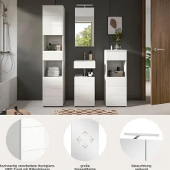 welltime Badmöbel-Set »BIEL, Höhe 190 cm,Hochschrank,WBU, Spiegelschrank, Unterschrank, Lampe« 5 Stk. tlg.