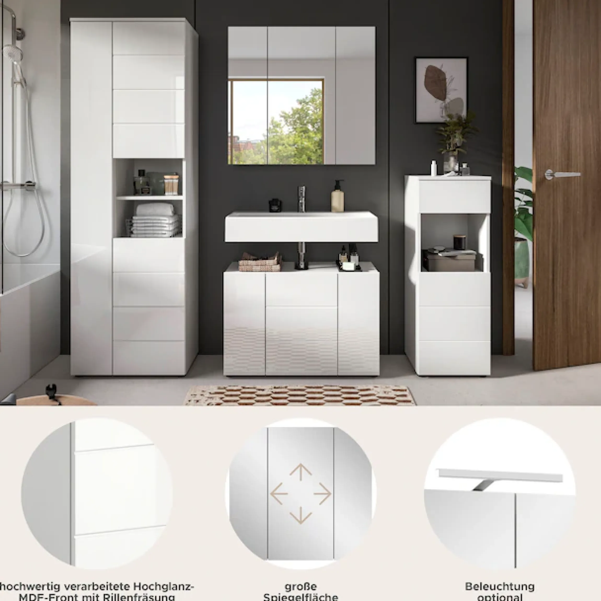 welltime Badmöbel-Set »BIEL, Höhe 190 cm, Hochschrank, Unterschrank, Spiegel, Standschrank« 4 Stk. tlg.