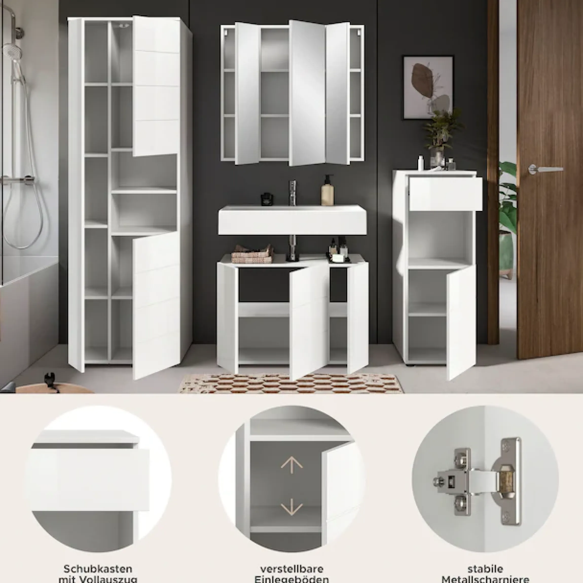 welltime Badmöbel-Set »BIEL, Höhe 190 cm, Hochschrank, Unterschrank, Spiegel, Standschrank« 4 Stk. tlg.