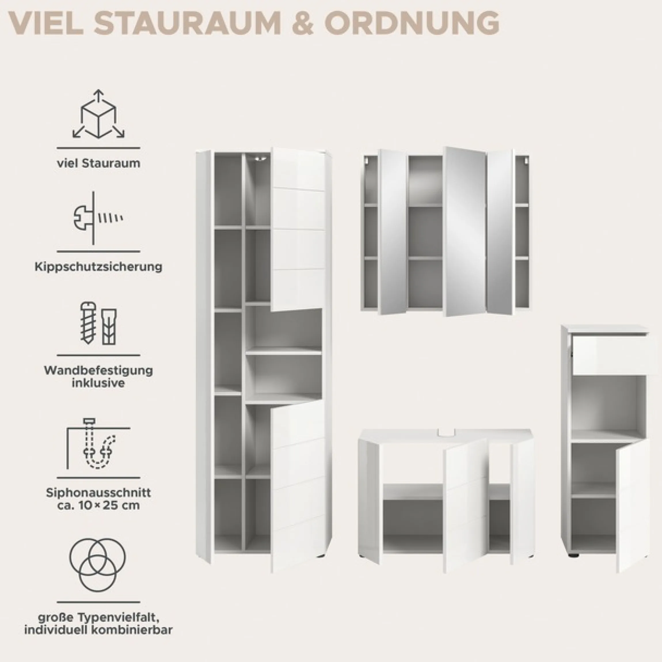 welltime Badmöbel-Set »BIEL, Höhe 190 cm, Hochschrank, Unterschrank, Spiegel, Standschrank« 4 Stk. tlg.