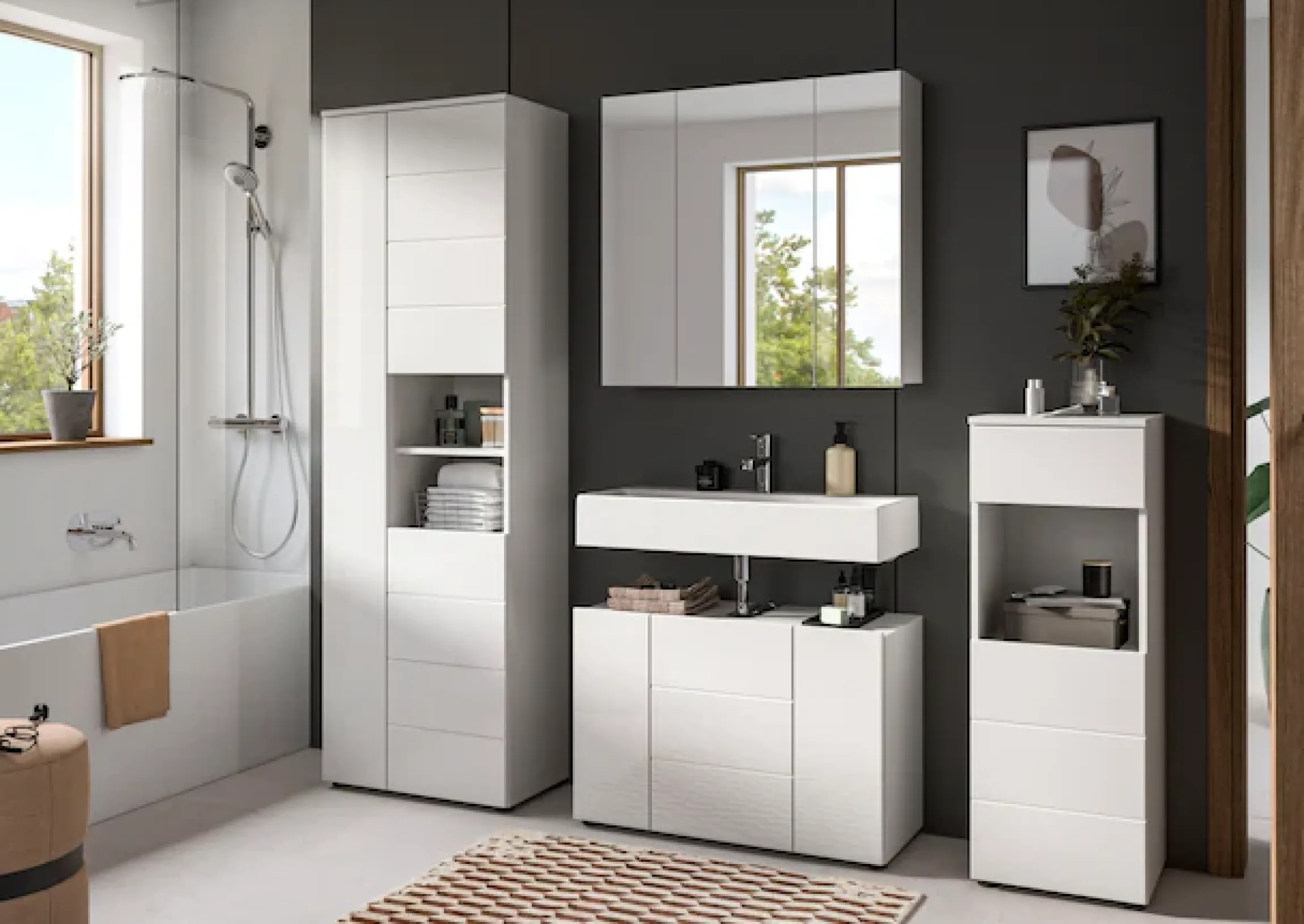 welltime Badmöbel-Set »BIEL, Höhe 190 cm, Hochschrank, Unterschrank, Spiegel, Standschrank« 4 Stk. tlg.