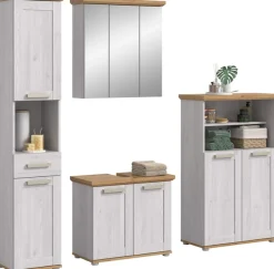 welltime Badmöbel-Set »COSENZA, 4-teilig, in Landhausoptik, mit farblich abgesetztem Kranz« best. aus: 1 Hochschrank, 1 Spiegelschrank, 1 WBU und 1 Midischrank, 4 Stk. tlg.
