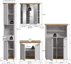 welltime Badmöbel-Set »COSENZA, 4-teilig, in Landhausoptik, mit farblich abgesetztem Kranz« best. aus: 1 Hochschrank, 1 Spiegelschrank, 1 WBU und 1 Midischrank, 4 Stk. tlg.