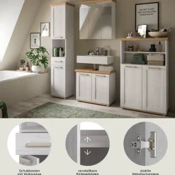 welltime Badmöbel-Set »COSENZA, 4-teilig, in Landhausoptik, mit farblich abgesetztem Kranz« best. aus: 1 Hochschrank, 1 Spiegelschrank, 1 WBU und 1 Midischrank, 4 Stk. tlg.
