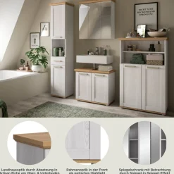 welltime Badmöbel-Set »COSENZA, 4-teilig, in Landhausoptik, mit farblich abgesetztem Kranz« best. aus: 1 Hochschrank, 1 Spiegelschrank, 1 WBU und 1 Midischrank, 4 Stk. tlg.