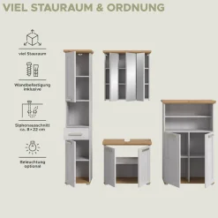 welltime Badmöbel-Set »COSENZA, 4-teilig, in Landhausoptik, mit farblich abgesetztem Kranz« best. aus: 1 Hochschrank, 1 Spiegelschrank, 1 WBU und 1 Midischrank, 4 Stk. tlg.