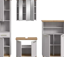 welltime Badmöbel-Set »COSENZA, 4-teilig, in Landhausoptik, mit farblich abgesetztem Kranz« best. aus: 1 Hochschrank, 1 Spiegelschrank, 1 WBU und 1 Midischrank, 4 Stk. tlg.