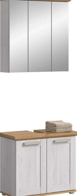 welltime Badmöbel-Set »COSENZA, 2-teilig, in Landhausoptik, mit farblich abgesetztem Kranz« bestehend aus: Spiegelschrank und Waschbeckenunterschrank, 2 Stk. tlg.