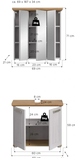 welltime Badmöbel-Set »COSENZA, 2-teilig, in Landhausoptik, mit farblich abgesetztem Kranz« bestehend aus: Spiegelschrank und Waschbeckenunterschrank, 2 Stk. tlg.