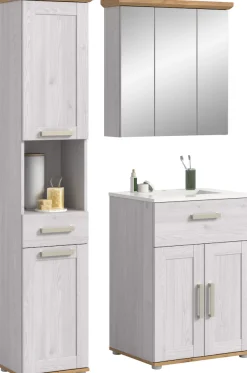 welltime Badmöbel-Set »COSENZA, 3-teilig, inkl. Beleuchtung, mit farblich abgesetztem Kranz« best.aus: Hochschrank, Waschtisch inkl. Waschbecken & Spiegelschrank, 4 Stk. tlg.