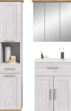 welltime Badmöbel-Set »COSENZA, 3-teilig, inkl. Beleuchtung, mit farblich abgesetztem Kranz« best.aus: Hochschrank, Waschtisch inkl. Waschbecken & Spiegelschrank, 4 Stk. tlg.