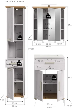 welltime Badmöbel-Set »COSENZA, 3-teilig, inkl. Beleuchtung, mit farblich abgesetztem Kranz« best.aus: Hochschrank, Waschtisch inkl. Waschbecken & Spiegelschrank, 4 Stk. tlg.