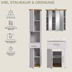 welltime Badmöbel-Set »COSENZA, 3-teilig, inkl. Beleuchtung, mit farblich abgesetztem Kranz« best.aus: Hochschrank, Waschtisch inkl. Waschbecken & Spiegelschrank, 4 Stk. tlg.