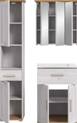 welltime Badmöbel-Set »COSENZA, 3-teilig, inkl. Beleuchtung, mit farblich abgesetztem Kranz« best.aus: Hochschrank, Waschtisch inkl. Waschbecken & Spiegelschrank, 4 Stk. tlg.