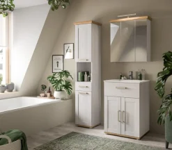 welltime Badmöbel-Set »COSENZA, 3-teilig, inkl. Beleuchtung, mit farblich abgesetztem Kranz« best.aus: Hochschrank, Waschtisch inkl. Waschbecken & Spiegelschrank, 4 Stk. tlg.
