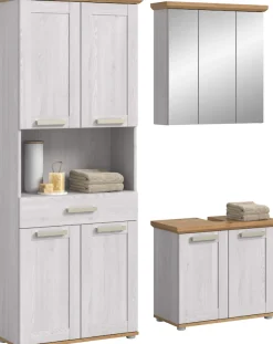 welltime Badmöbel-Set »COSENZA, 3-teilig, in Landhausoptik, mit farblich abgesetztem Kranz« best. aus: Hochschrank, Spiegelschrank und Waschbeckenunterschrank, 3 Stk. tlg.