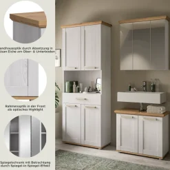 welltime Badmöbel-Set »COSENZA, 3-teilig, in Landhausoptik, mit farblich abgesetztem Kranz« best. aus: Hochschrank, Spiegelschrank und Waschbeckenunterschrank, 3 Stk. tlg.