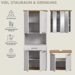 welltime Badmöbel-Set »COSENZA, 3-teilig, in Landhausoptik, mit farblich abgesetztem Kranz« best. aus: Hochschrank, Spiegelschrank und Waschbeckenunterschrank, 3 Stk. tlg.