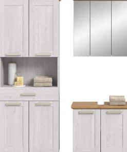 welltime Badmöbel-Set »COSENZA, 3-teilig, in Landhausoptik, mit farblich abgesetztem Kranz« best. aus: Hochschrank, Spiegelschrank und Waschbeckenunterschrank, 3 Stk. tlg.