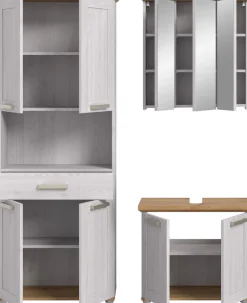 welltime Badmöbel-Set »COSENZA, 3-teilig, in Landhausoptik, mit farblich abgesetztem Kranz« best. aus: Hochschrank, Spiegelschrank und Waschbeckenunterschrank, 3 Stk. tlg.