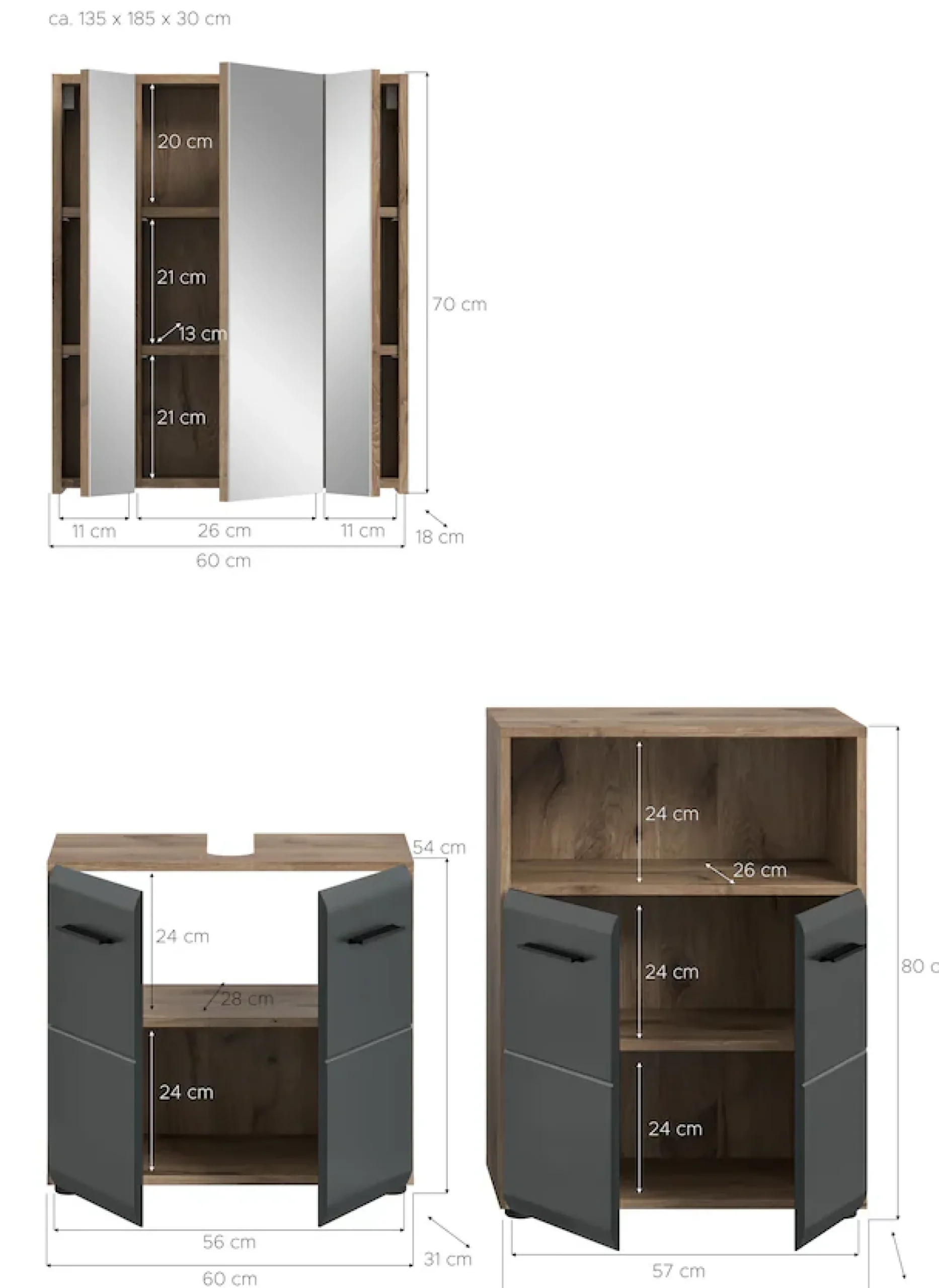 welltime Badmöbel-Set »FLORENZ,3-teilige Badkombination, hochwertige MDF-Front« Set, best. aus: Waschbeckenunterschrank, Spiegelschrank, Midischrank breit, 3 Stk. tlg.