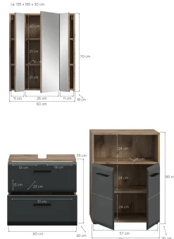 welltime Badmöbel-Set »FLORENZ,3-teilige Badkombination, hochwertige MDF-Front« Set, best. aus: Waschbeckenunterschrank, Spiegelschrank, Midischrank breit, 3 Stk. tlg.