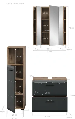 welltime Badmöbel-Set »FLORENZ,3-teilige Badkombination, hochwertige MDF-Front« best. aus: Midischrank hoch, Waschbeckenunterschrank, Spiegelschrank,