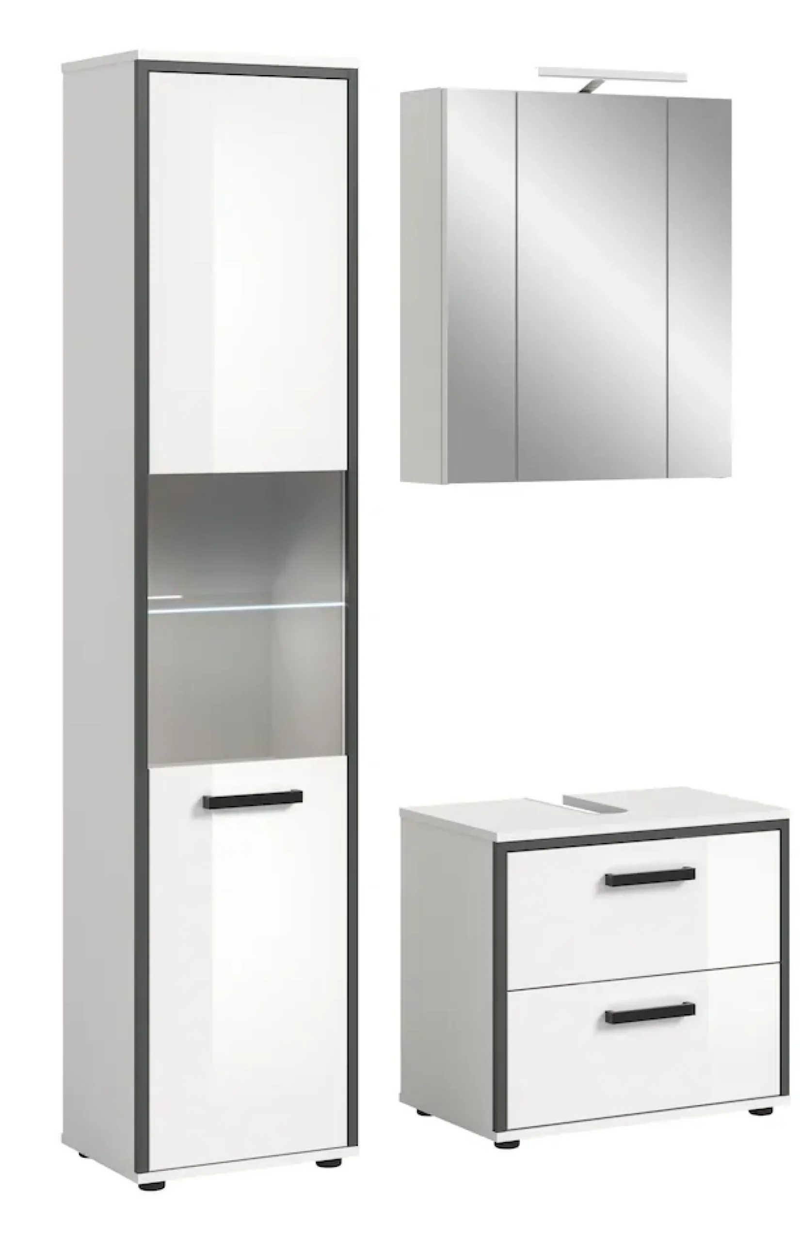 welltime Badmöbel-Set »KAJO, 3-tlg. Badkombination, weiß hochglanz, inkl. Beleuchtung« Set, Set, best. aus: Hochschrank, WBU, Spiegelschrank, Beleuchtung, 5 Stk. tlg.