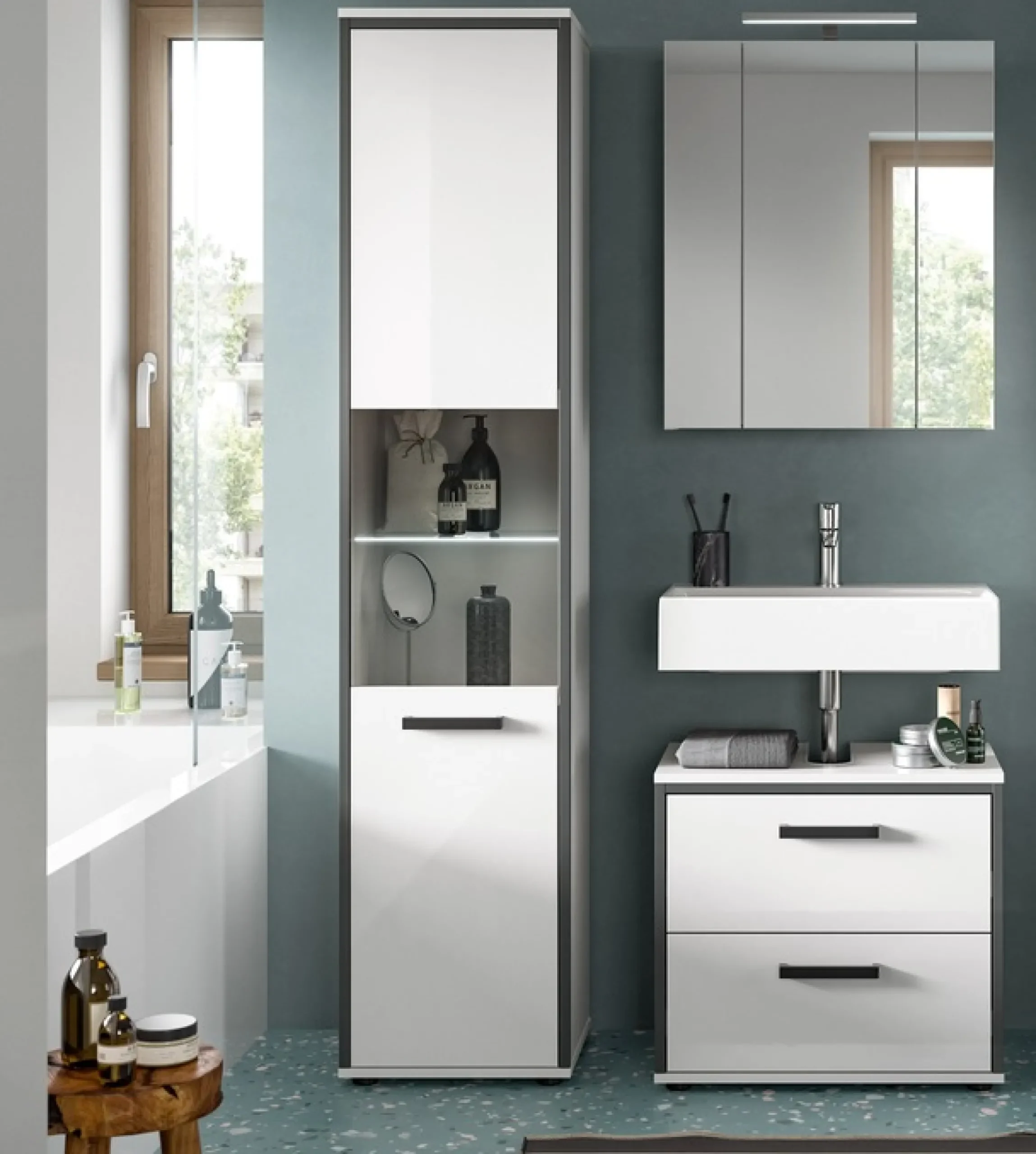 welltime Badmöbel-Set »KAJO, 3-tlg. Badkombination, weiß hochglanz, inkl. Beleuchtung« Set, Set, best. aus: Hochschrank, WBU, Spiegelschrank, Beleuchtung, 5 Stk. tlg.