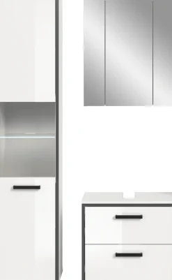 welltime Badmöbel-Set »KAJO, 3-tlg. Badkombination, weiß hochglanz, inkl. Beleuchtung« Set, Set, best. aus: Hochschrank, WBU, Spiegelschrank, Beleuchtung, 5 Stk. tlg.