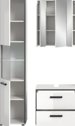 welltime Badmöbel-Set »KAJO, 3-tlg. Badkombination, weiß hochglanz, inkl. Beleuchtung« Set, Set, best. aus: Hochschrank, WBU, Spiegelschrank, Beleuchtung, 5 Stk. tlg.