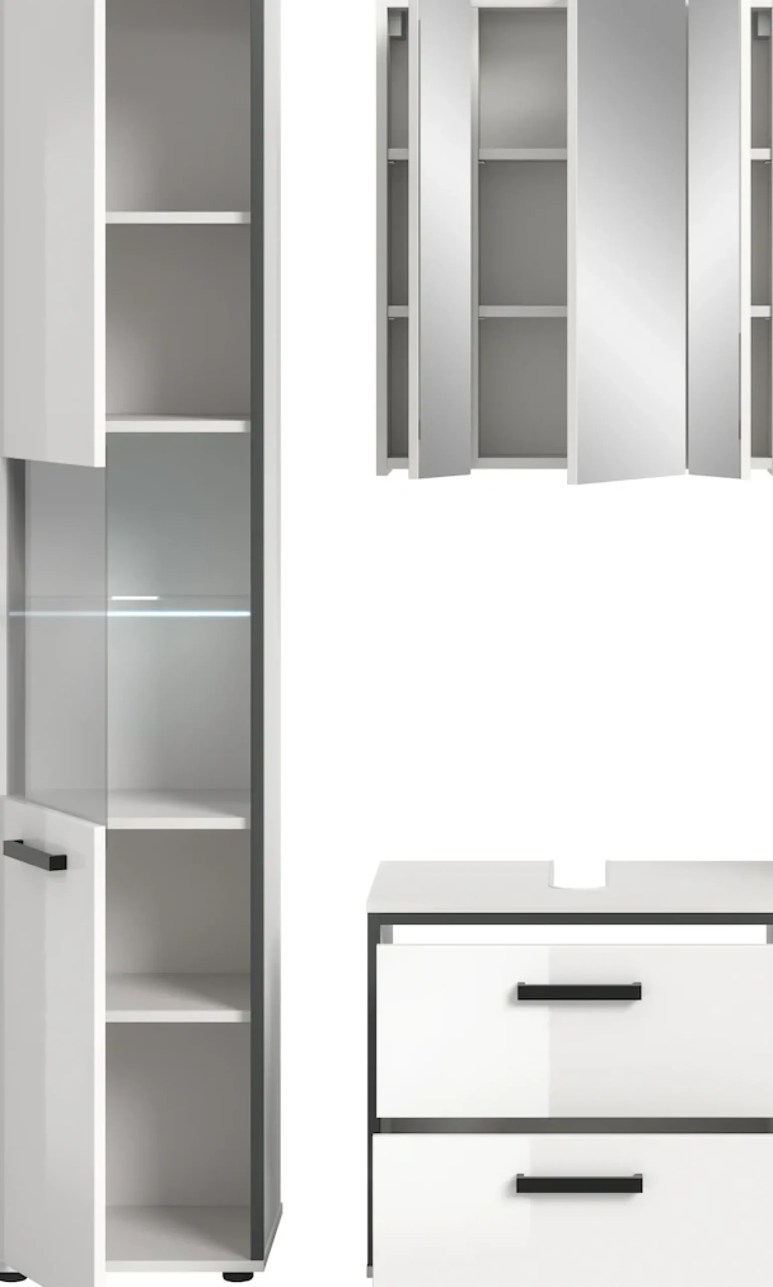 welltime Badmöbel-Set »KAJO, 3-tlg. Badkombination, weiß hochglanz, inkl. Beleuchtung« Set, Set, best. aus: Hochschrank, WBU, Spiegelschrank, Beleuchtung, 5 Stk. tlg.