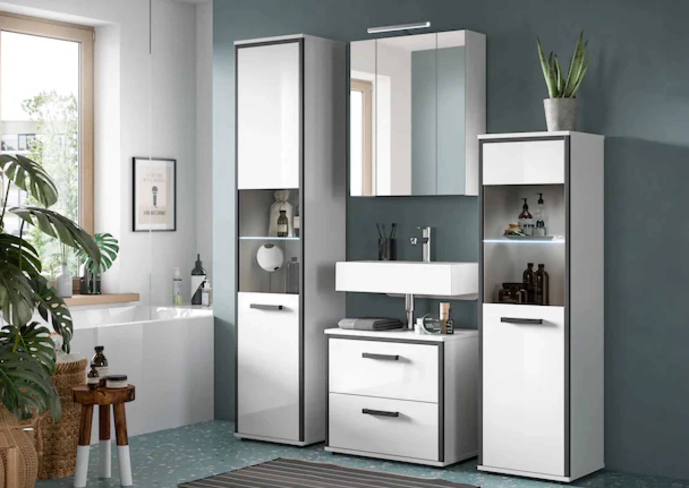 welltime Badmöbel-Set »KAJO, 3-tlg. Badkombination, weiß hochglanz, inkl. Beleuchtung« Set, Set, best. aus: Hochschrank, WBU, Spiegelschrank, Beleuchtung, 5 Stk. tlg.