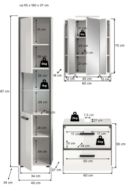 welltime Badmöbel-Set »KAJO, 3-tlg. Badkombination, weiß hochglanz, inkl. Beleuchtung« Set, Set, best. aus: Hochschrank, WBU, Spiegelschrank, Beleuchtung, 5 Stk. tlg.