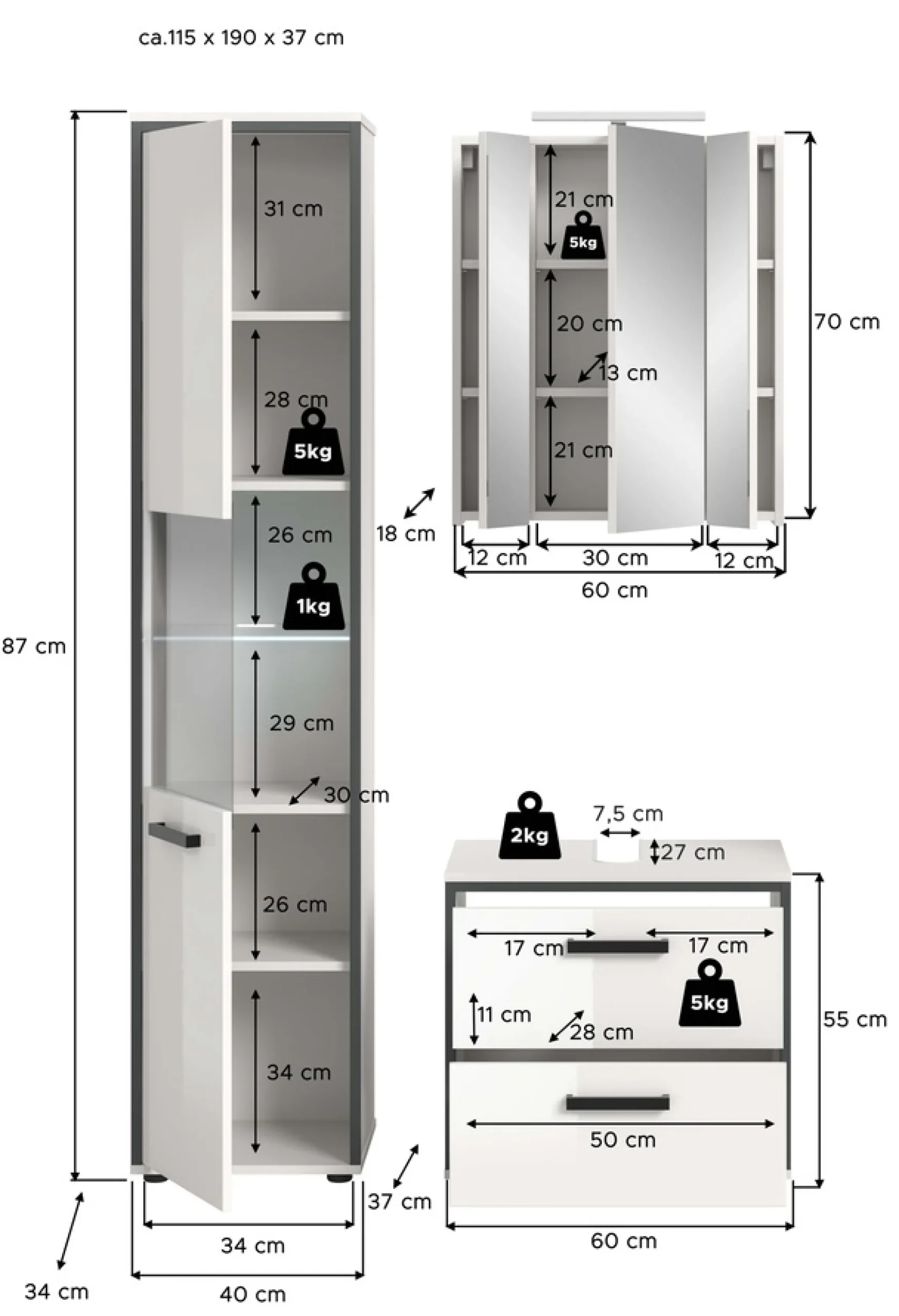 welltime Badmöbel-Set »KAJO, 3-tlg. Badkombination, weiß hochglanz, inkl. Beleuchtung« Set, Set, best. aus: Hochschrank, WBU, Spiegelschrank, Beleuchtung, 5 Stk. tlg.
