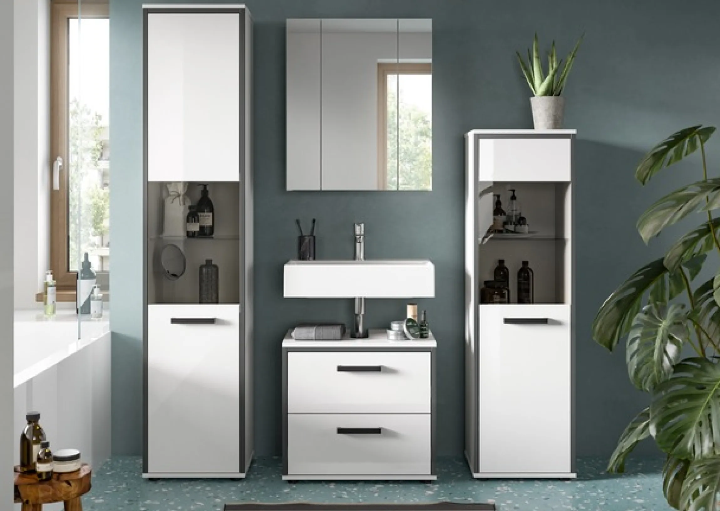 welltime Badmöbel-Set »KAJO, 4-tlg. Badkombination, weiß hochglanz« Set, Set, best. aus:1Hochschrank,1Spiegelschrank,1WBU,1Midischrank, 4 Stk. tlg.