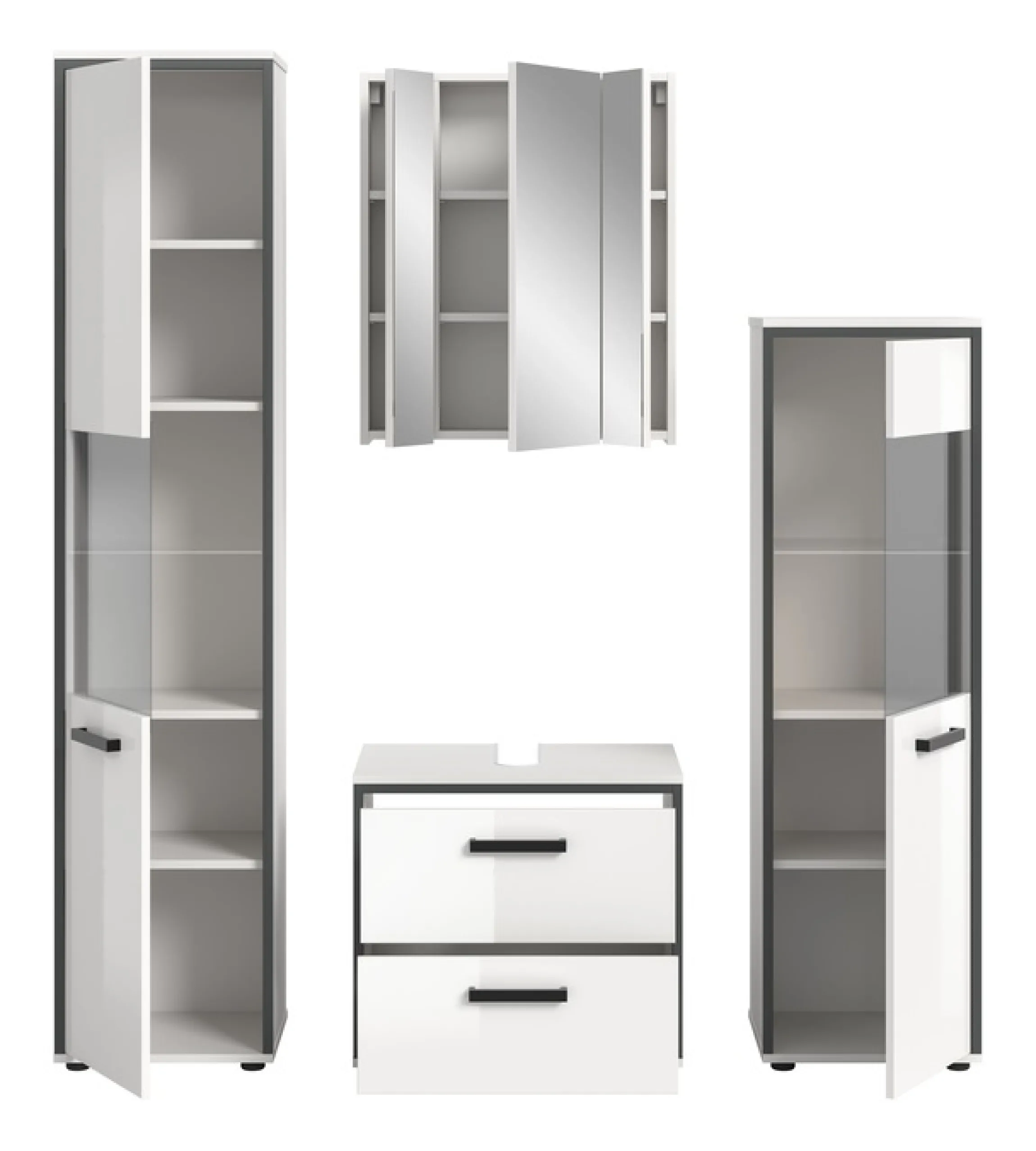 welltime Badmöbel-Set »KAJO, 4-tlg. Badkombination, weiß hochglanz« Set, Set, best. aus:1Hochschrank,1Spiegelschrank,1WBU,1Midischrank, 4 Stk. tlg.