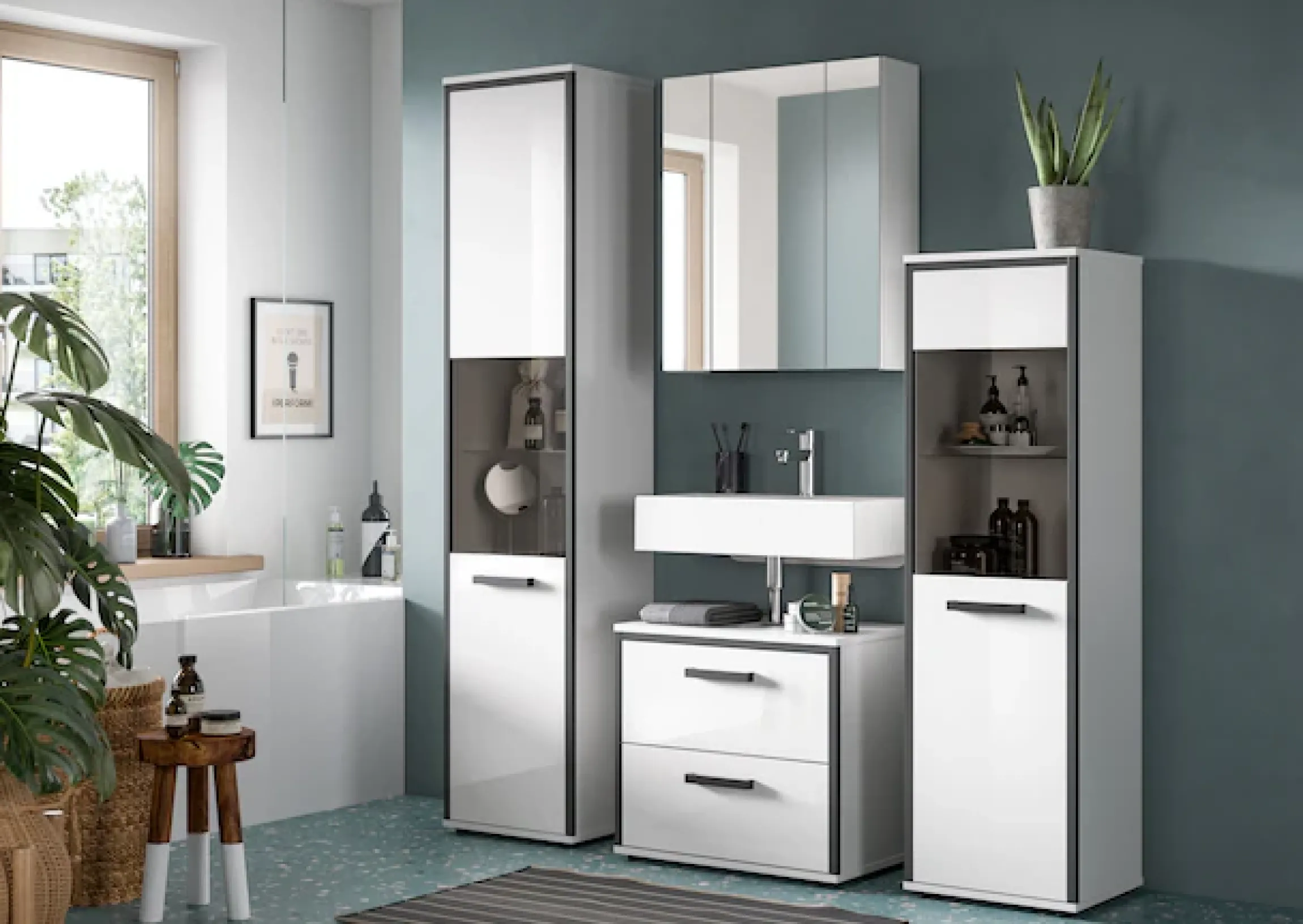 welltime Badmöbel-Set »KAJO, 4-tlg. Badkombination, weiß hochglanz« Set, Set, best. aus:1Hochschrank,1Spiegelschrank,1WBU,1Midischrank, 4 Stk. tlg.