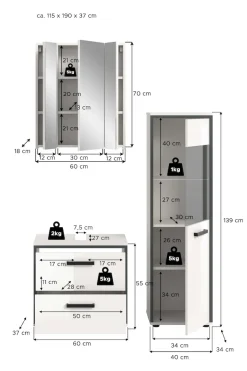 welltime Badmöbel-Set »KAJO, 3-tlg. Badkombination, weiß hochglanz« Set, Set, best. aus:1 Midischrank,1Spiegelschrank,1Waschbeckenunterschrank, 3 Stk. tlg.