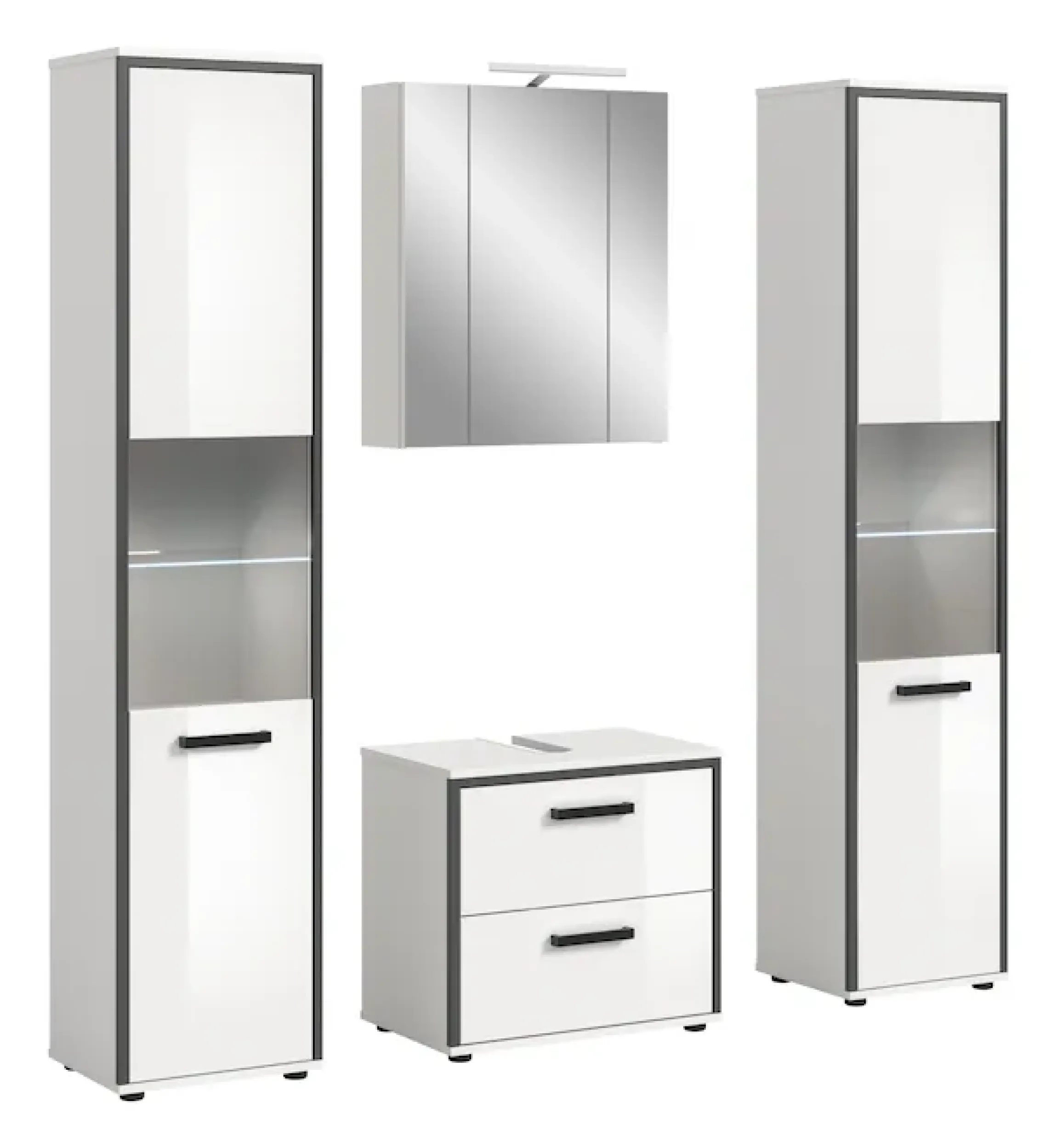 welltime Badmöbel-Set »KAJO, 4-tlg. Badkombination, weiß hochglanz inkl.Beleuchtung« Set, Set, best. aus: 2 Hochschränken,WBU,Spiegelschrank,Beleuchtung, 7 Stk. tlg.