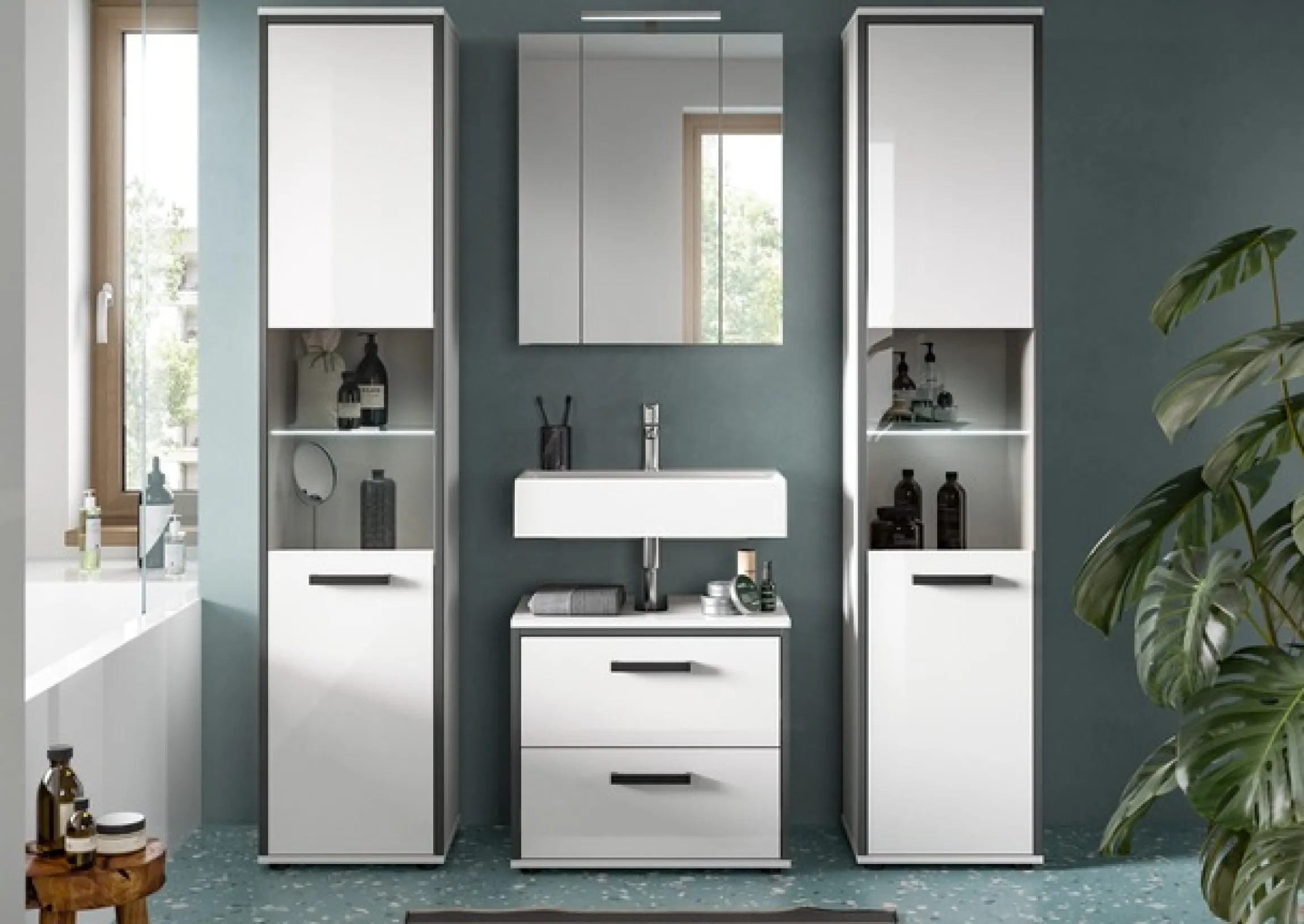 welltime Badmöbel-Set »KAJO, 4-tlg. Badkombination, weiß hochglanz inkl.Beleuchtung« Set, Set, best. aus: 2 Hochschränken,WBU,Spiegelschrank,Beleuchtung, 7 Stk. tlg.