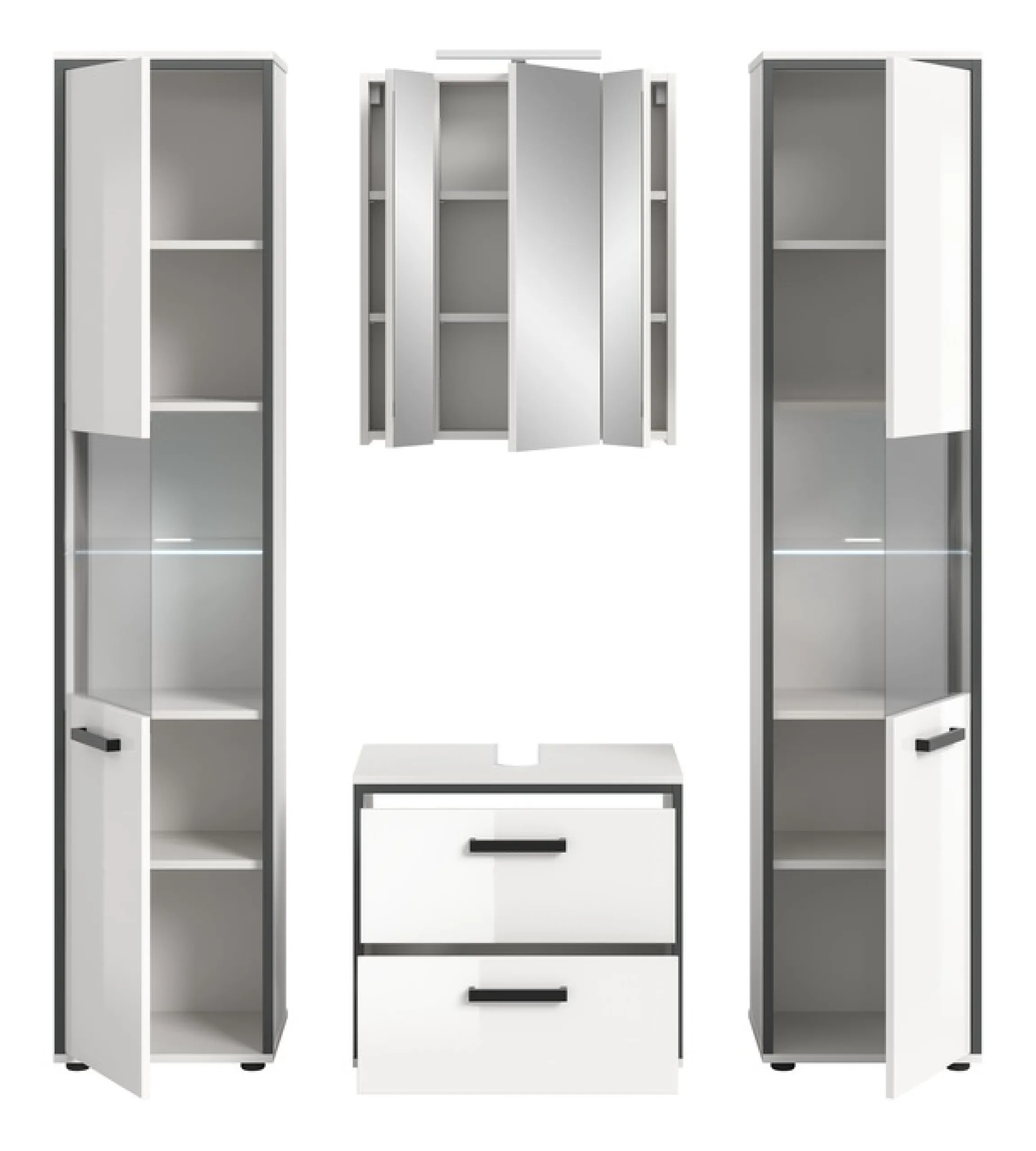 welltime Badmöbel-Set »KAJO, 4-tlg. Badkombination, weiß hochglanz inkl.Beleuchtung« Set, Set, best. aus: 2 Hochschränken,WBU,Spiegelschrank,Beleuchtung, 7 Stk. tlg.